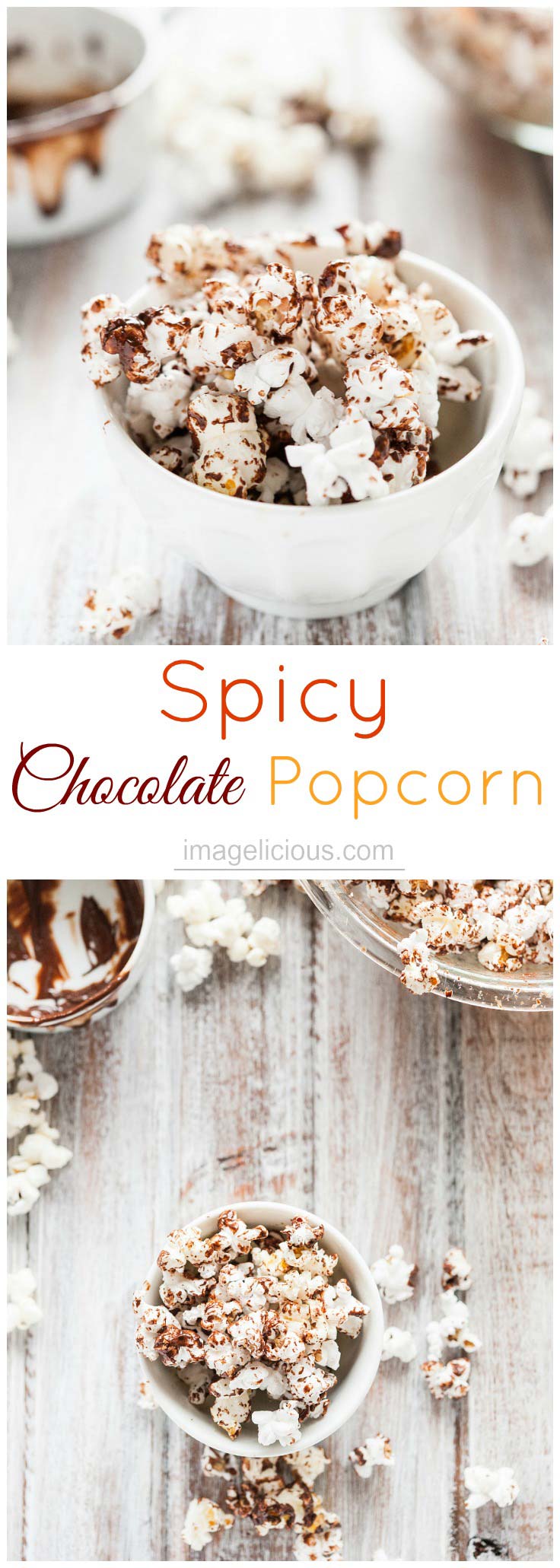 Spicy Chocolate Popcorn is light, airy, and crunchy. Drizzled with sweet melted chocolate with a spicy kick from cayenne pepper and a sprinkling of sea salt. Addicting snack | Imagelicious
