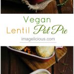 This Vegan Lentil Pot Pie will leave you satisfied, full and happy! Made with delicious red lentils, tomatoes, and spices, it's delicious and cozy. The red lentil stew is topped with flakey biscuits, making this dish perfect to serve for a big family dinner | Imagelicious.com #vegan #Lentils #PotPie