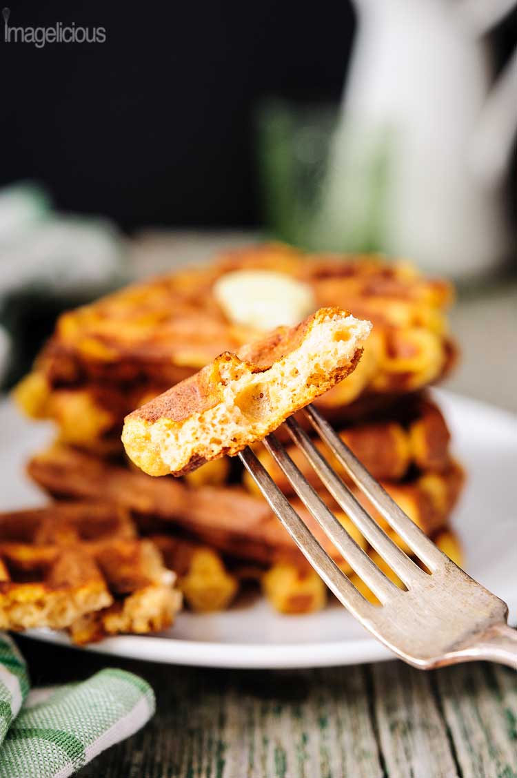 Ricotta and Pumpkin Waffles are perfect for brunch in the fall. Pumpkin melts into the batter and ricotta gives the pancakes a slightly tangy flavour. Crisp edges provide a jarring contrast to the soft and airy middle. Cinnamon, ginger, vanilla, and cloves make the waffles comforting and familiar | Imagelicious