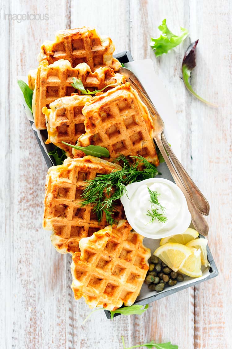 Smoked Salmon and Dill Waffles - perfect savoury breakfast or lunch. Elegant and delicious for a special occasion | Imagelicious
