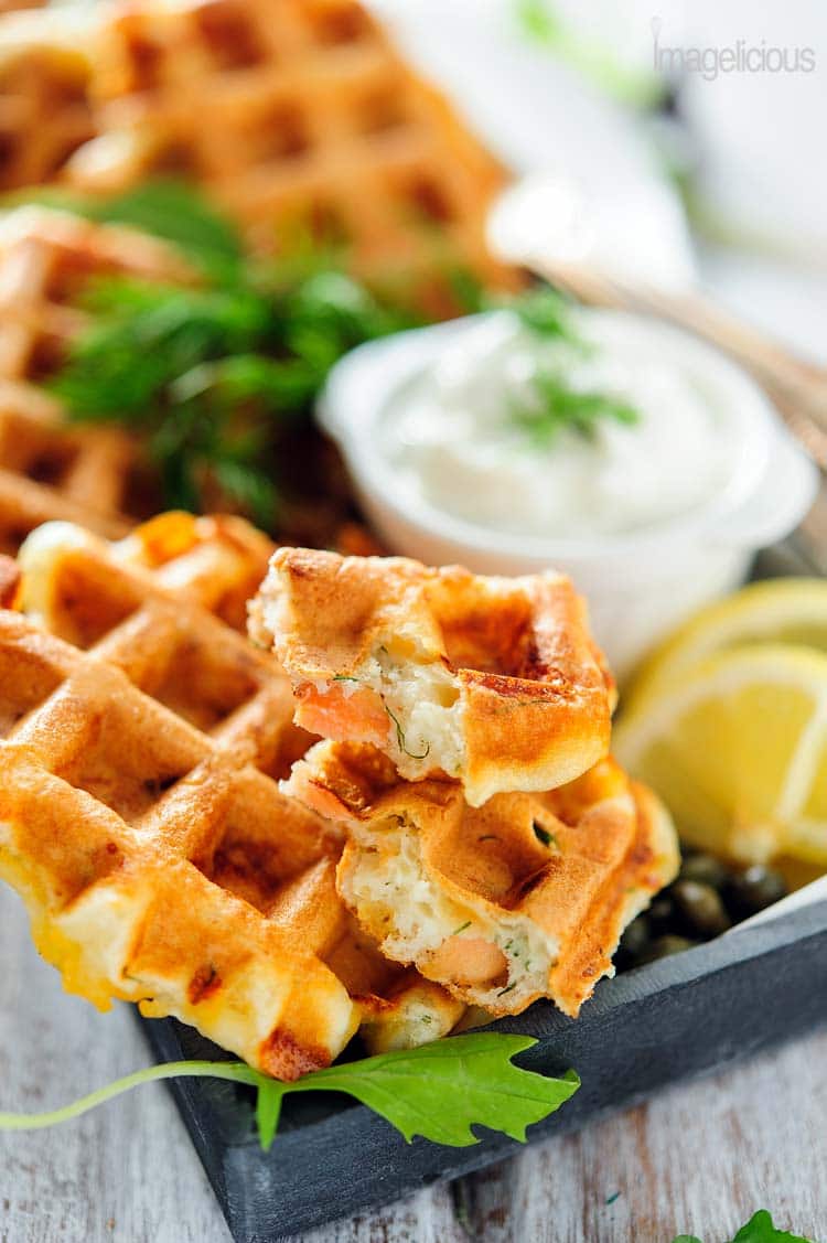 Smoked Salmon and Dill Waffles - perfect savoury breakfast or lunch. Elegant and delicious for a special occasion | Imagelicious