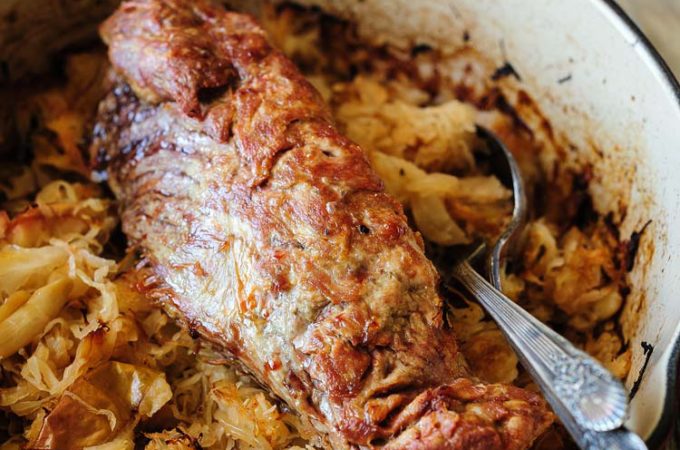 This Pork Loin with Sauerkraut and Apples is a great fall dish and easy to prepare after work | Imagelicious