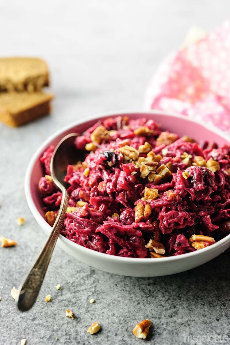 Russian Beet Salad with Prunes and Pecans is perfect for winter months. Packed with nutrients and vitamins, it uses seasonal beets and is also budget friendly | Imagelicious
