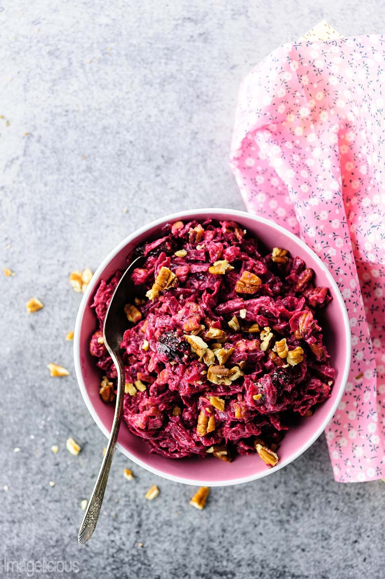 Russian Beet Salad with Prunes and Pecans is perfect for winter months. Packed with nutrients and vitamins, it uses seasonal beets and is also budget friendly | Imagelicious