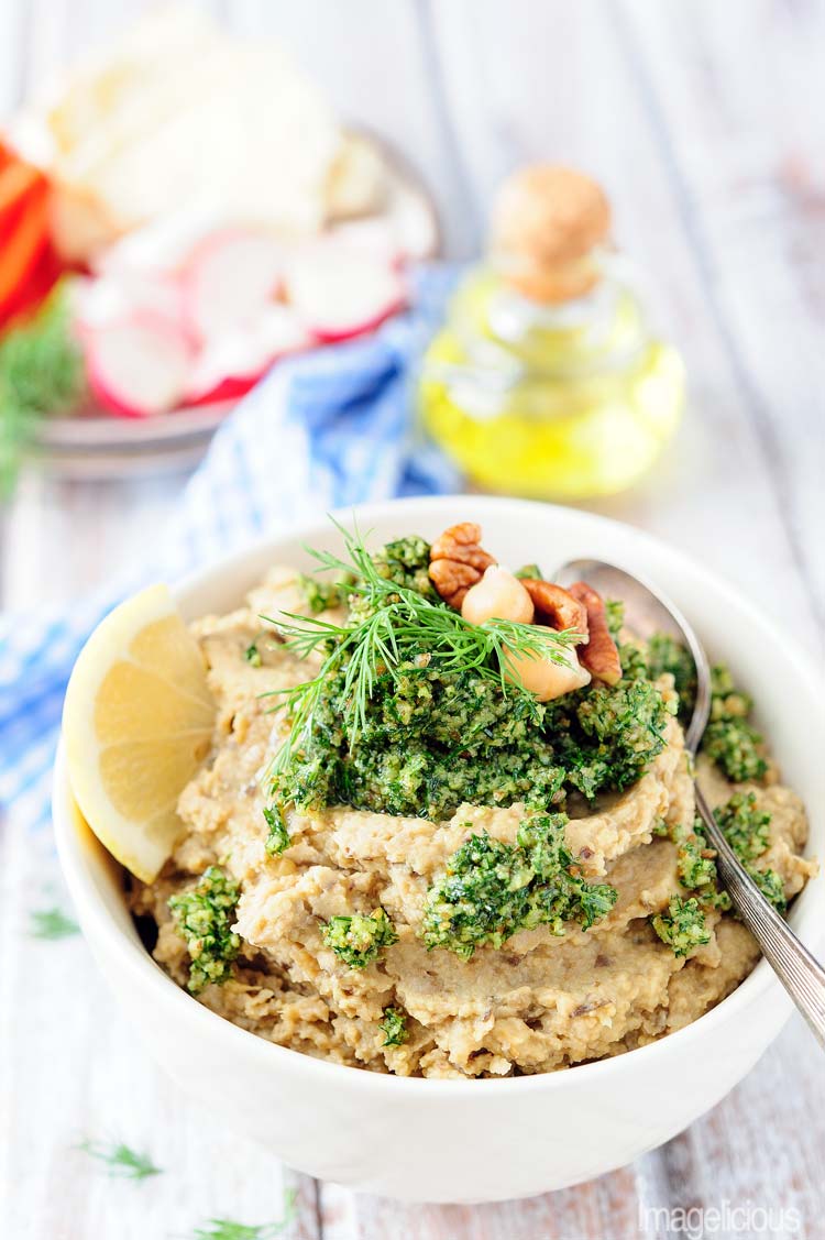 Vegan Chickpea and Eggplant Dip with Dill Pesto is full of bright and bold flavours, yet easy to make and very healthy. It's vegan and gluten-free and will satisfy even the pickiest eaters. Perfect appetizer or snack | Imagelicious