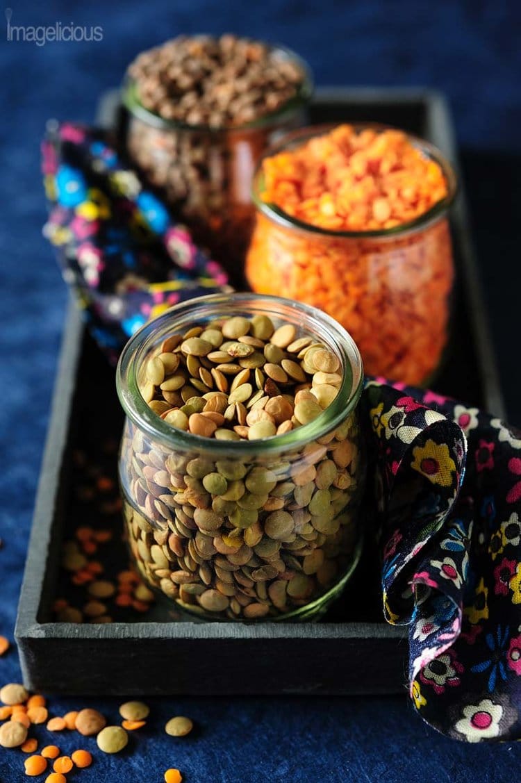 Three small jars of various lentils