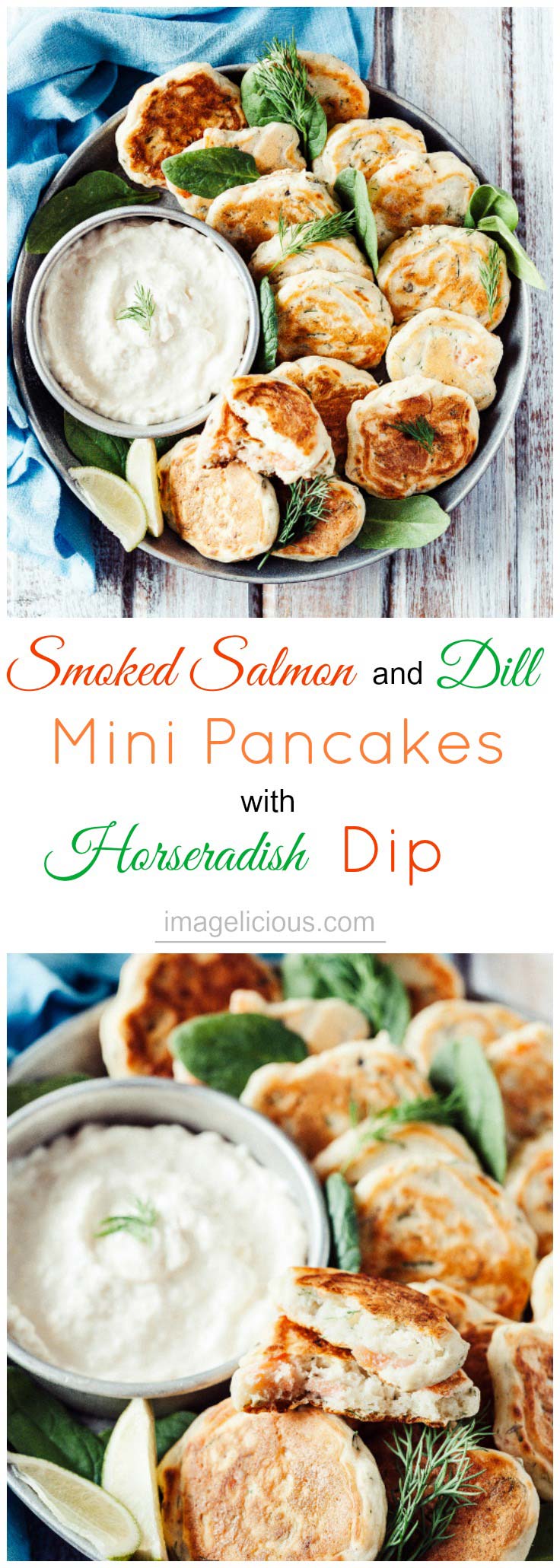 These Smoked Salmon and Dill Mini Pancakes with Horseradish Dip are a perfect appetizer to serve with a glass of sparkling wine and an excellent addition to any brunch | Imagelicious