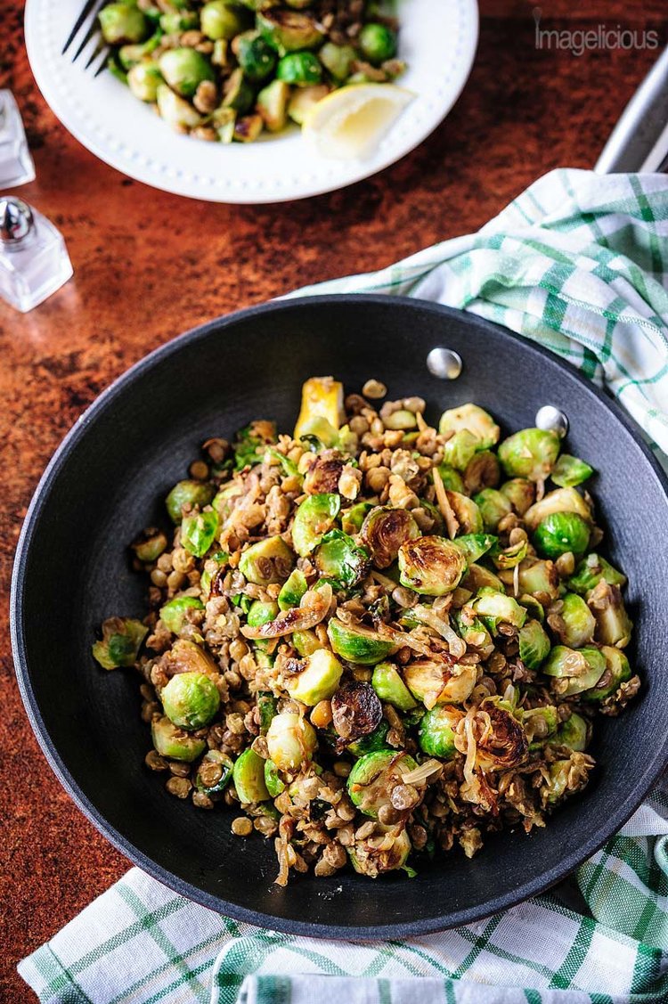 Top down view of Lentils and Brussels Sprouts Skillet Recipe