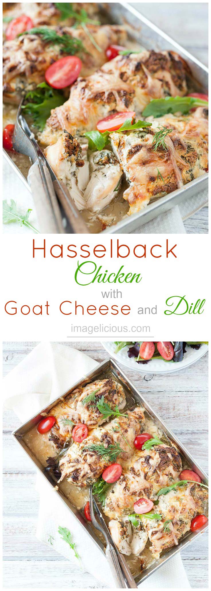 Hasselback Chicken with Goat Cheese and Dill is an easy and delicious way to cook chicken breast. It's perfect for a weeknight meal or a fancy dinner. Serve with salad, rice or even pasta with light cream sauce | Imagelicious