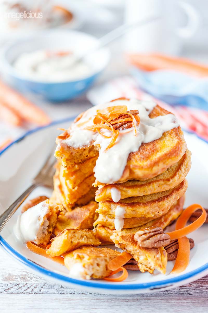Stack of Carrot Cake Pancakes with Cream Cheese-Maple Syrup