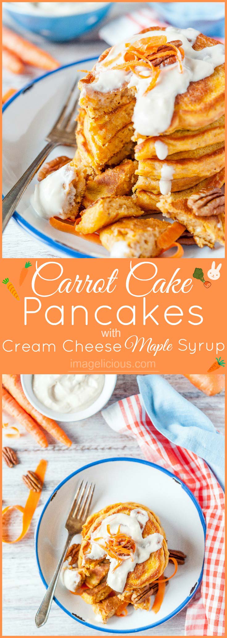 Carrot Cake Pancakes with Cream Cheese-Maple Syrup are a perfect and healthy breakfast yet they taste like dessert. Packed with carrots, oats and yogurt they will satisfy even picky eaters. Serve them for Easter breakfast or any special weekend treat | Imagelicious