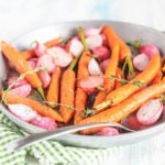 Roasted Radishes and Carrots with Thyme and Lemon are fresh, buttery and earthy. Delicious as a spring side dish or on top of mixed green leaves as salad | Imagelicious