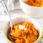 These Spicy Mashed Sweet Potatoes are an excellent side dish - sweet, savoury, and spicy they are a delicious accompaniment to your favourite protein. Made with regular or vegan butter they will satisfy any diet | Imagelicious