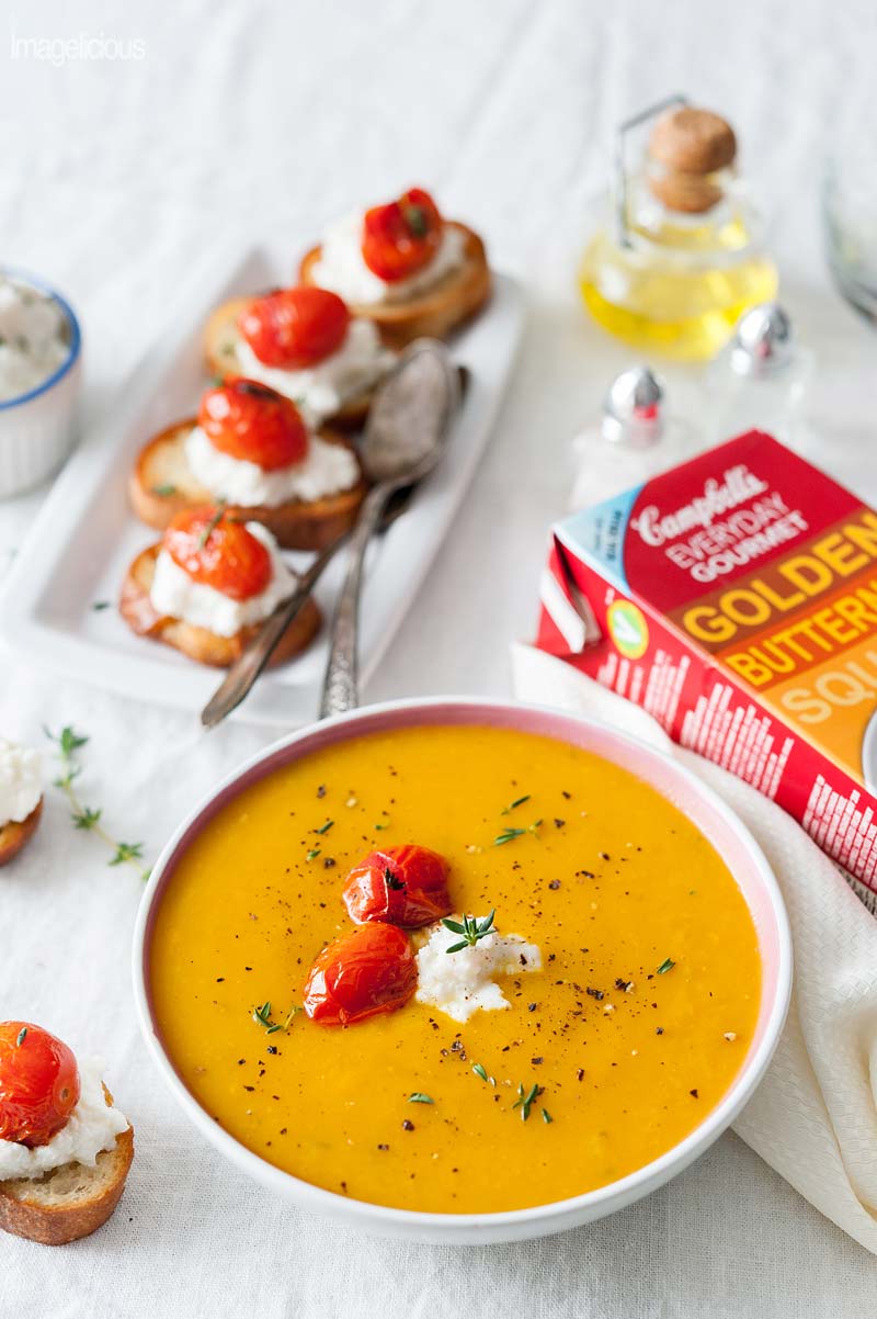 Tomato-Ricotta Bruschetta and Campbell's Everyday Gourmet Golden Butternut Squash Soup - smooth and rich soup served with crusty bruschetta topped with creamy ricotta and tangy tomatoes | Imagelicious