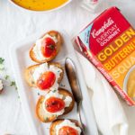 Tomato-Ricotta Bruschetta and Campbell's Everyday Gourmet Golden Butternut Squash Soup - smooth and rich soup served with crusty bruschetta topped with creamy ricotta and tangy tomatoes | Imagelicious