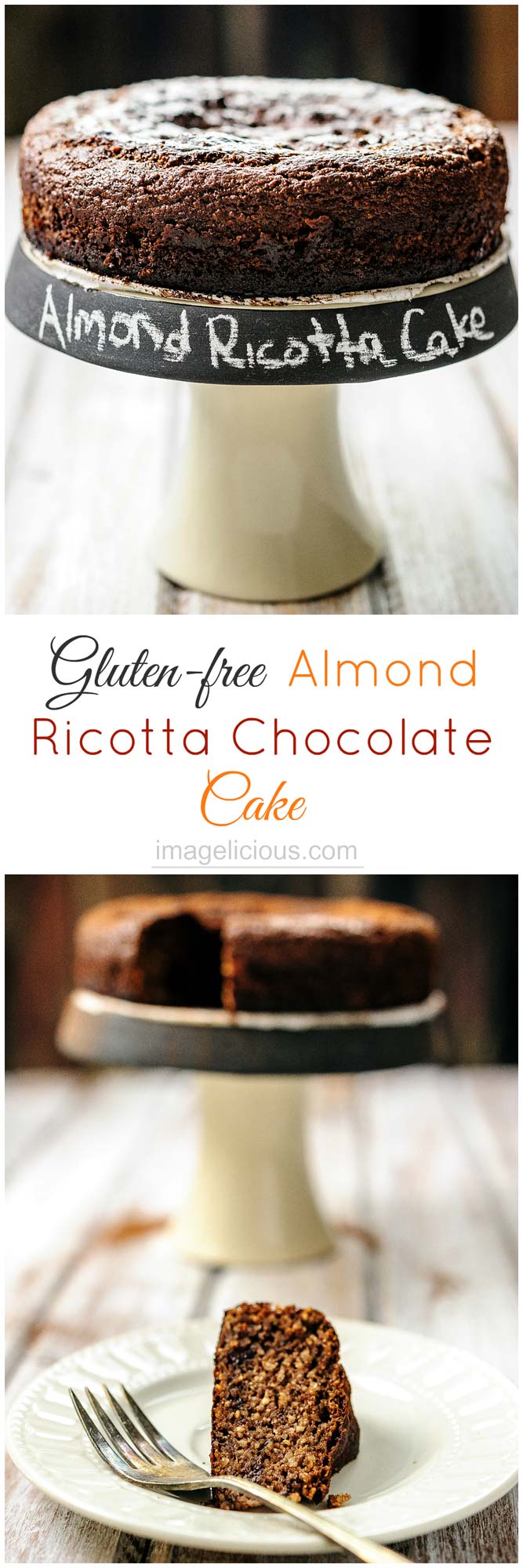This delicious Gluten-free Almond Ricotta Chocolate Cake is perfect for a Valentine's Day dinner. It's moist, dense, flavourful, and healthy. It's filled with healthy ricotta and almonds, has very little sugar and no oil or butter | Imagelicious