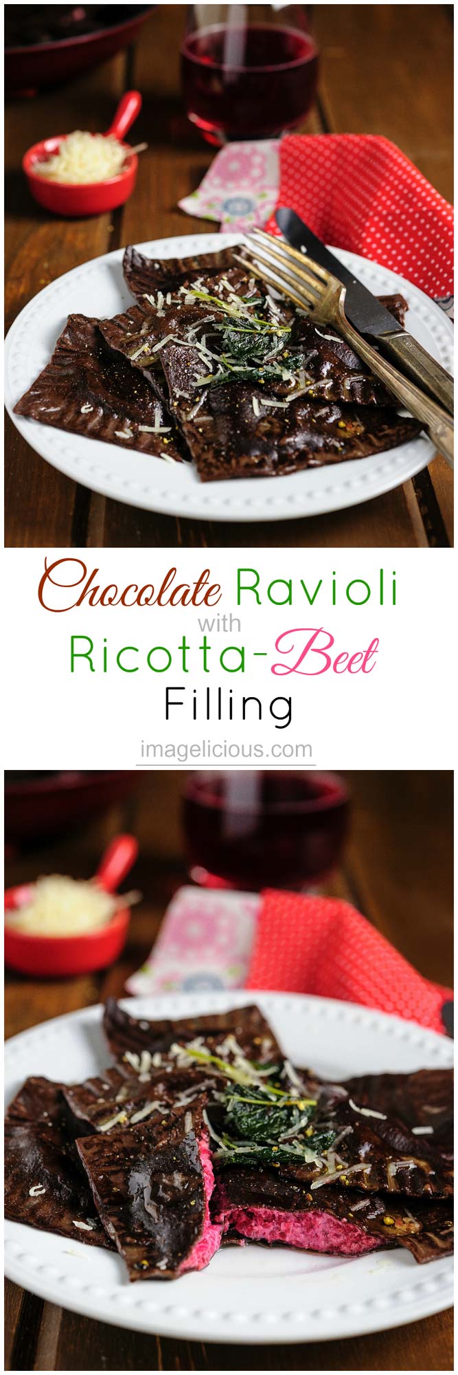These Chocolate Ravioli with Ricotta-Beet Filling are beautiful, delicious, and healthy. Perfect for the Valentine's Day dinner or any other lazy weekend | Imagelicious