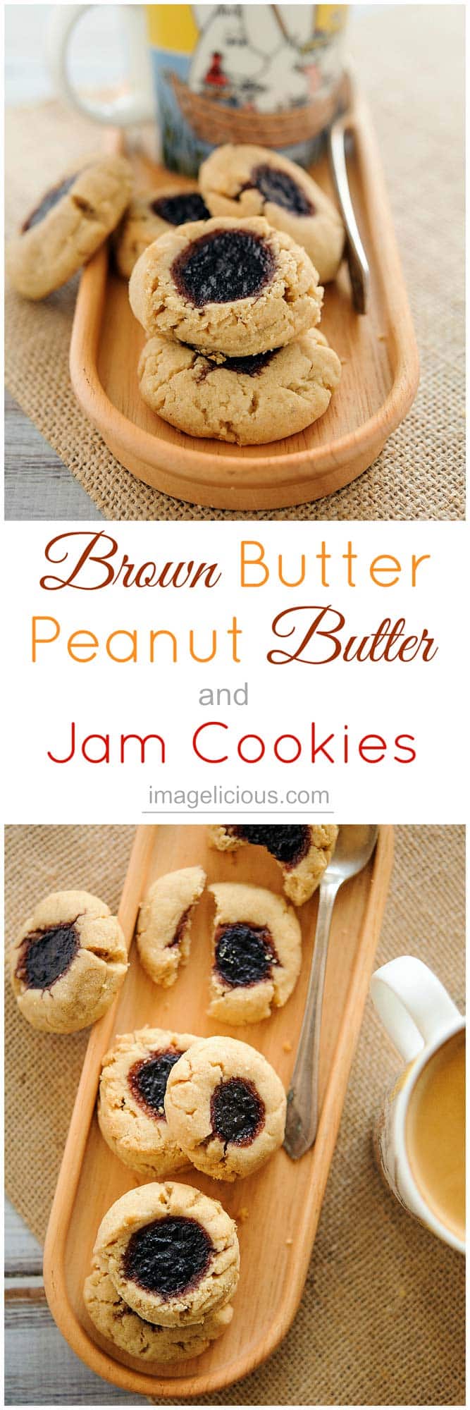 These soft and thick Brown butter, peanut butter and jam cookies are a delicious treat for a weekday snack or a weekend dessert. Dense cookie with sticky sweet jam is a perfect combination of flavours and textures | Imagelicious 