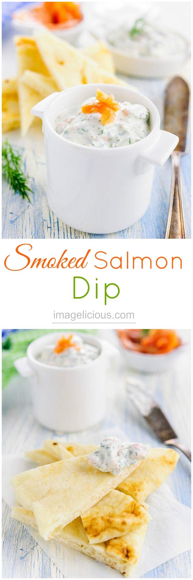 This light Smoked Salmon Dip is delicious and healthy, full of ricotta, greek yogurt and herbs. Perfect appetizer to satisfy salty craving | Imagelicious