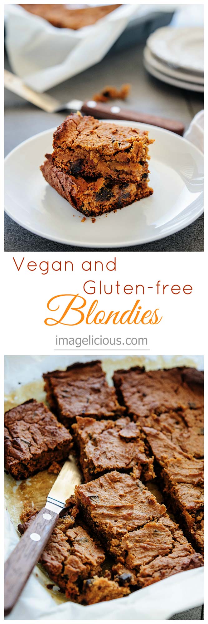 These Vegan and Gluten-free Blondies are not only delicious, but also healthy. Made with dates, maple syrup, peanut butter and chickpeas they will satisfy sweet tooth without leaving you feeling guilty | Imagelicious