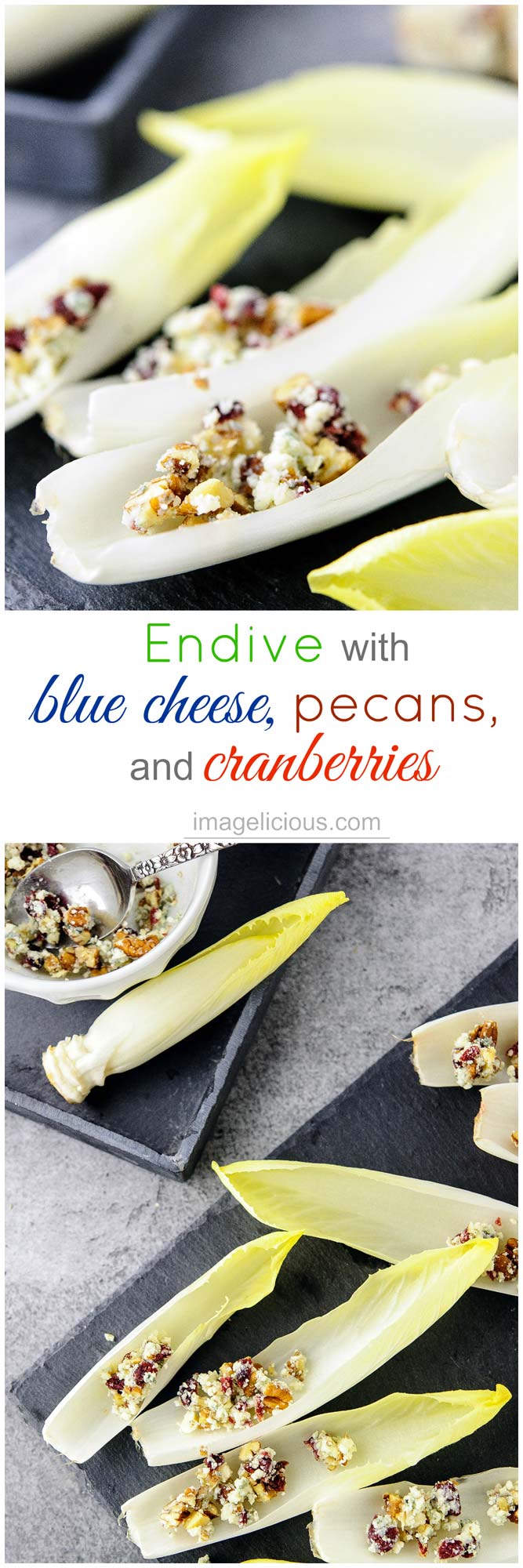Easy and quick endive appetizer with blue cheese, pecans, and cranberries is a delicious and elegant appetizer for a weeknight dinner or a big party. It takes only minutes to make and can be prepared in advance | imagelicious.com #endive #appetizer #party 