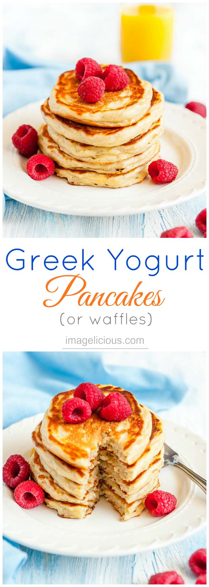 These Greek Yogurt Pancakes are the easiest and fluffiest pancakes you'll ever have. Made with healthy greek yogurt and oats they'll become your favourite breakfast. Make them into waffles for a crispy treat | Imagelicious