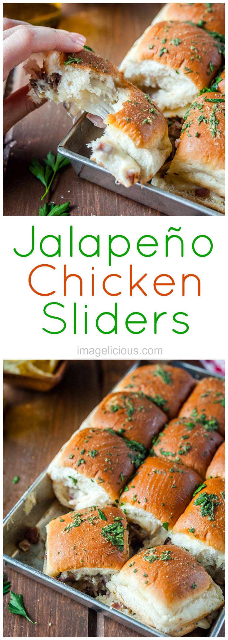 Jalapeno Chicken Sliders are an ultimate lunch, dinner, or party treat! Easy and quick to make with leftover chicken. Cheesy, salty, spicy, delicious | Imagelicious