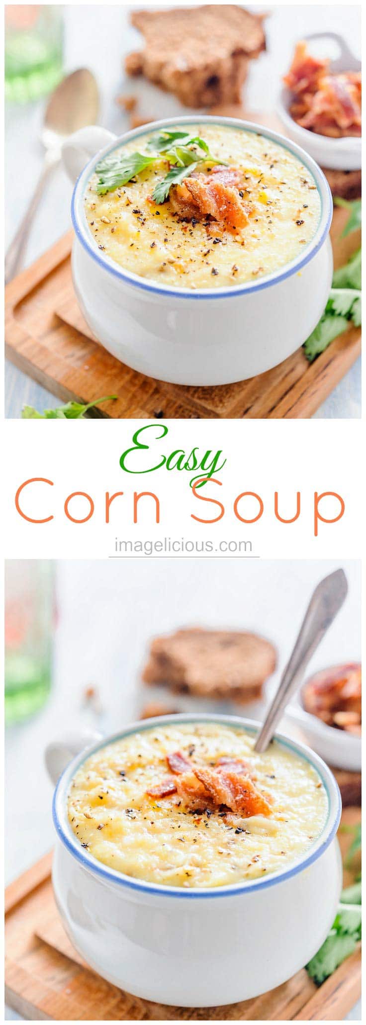 Easy Corn Soup can be made with both fresh or frozen corn for convenience. It's sweet, creamy, and delicious. Naturally gluten free and can be easily modified to be vegan. Cooked in a matter of minutes | Imagelicious