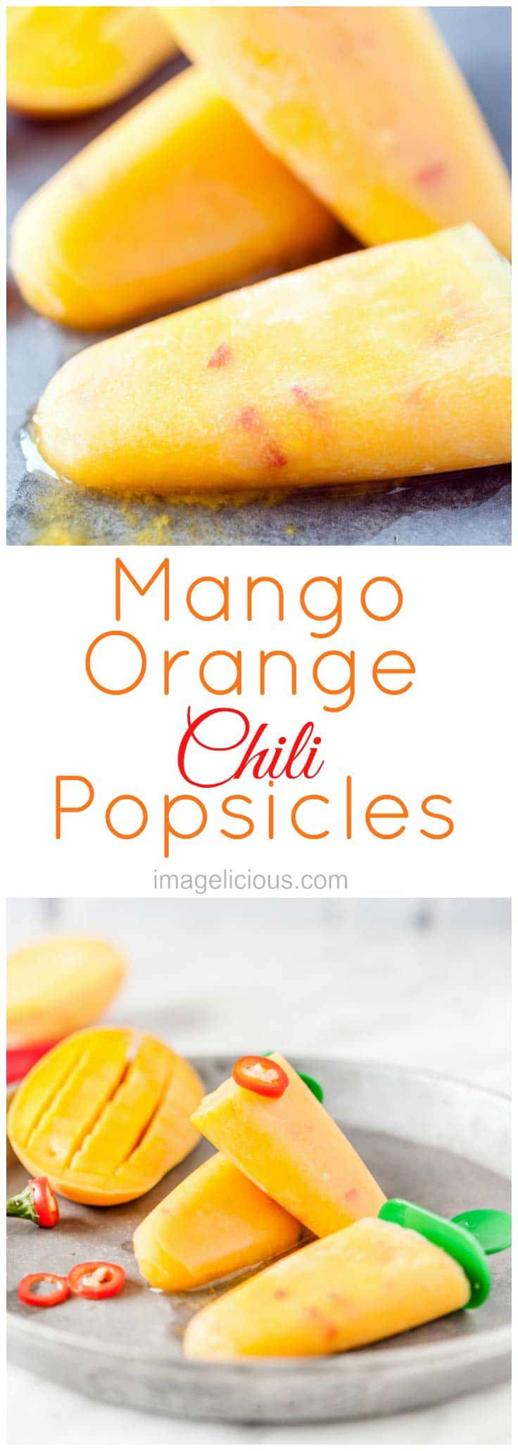 Mango Orange Chili Popsicles are sweet, spicy, and refreshing. Great way to cool down in the summer. Chili pepper adds a fine spicy note to sweet fruit. Naturally sweet, vegan, raw, gluten-free | Imagelicious