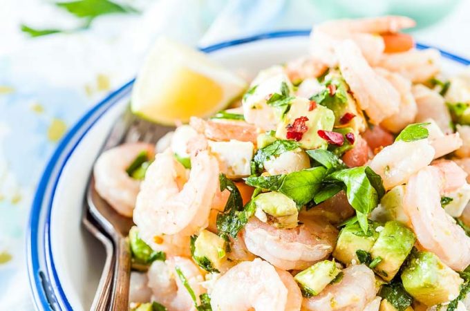 Shrimp, Avocado and Feta Salad is delicious, colourful, and healthy. It's a perfect lunch or dinner and can be made into a sandwich. The salad is easy and only takes a few minutes to prepare | Imagelicious
