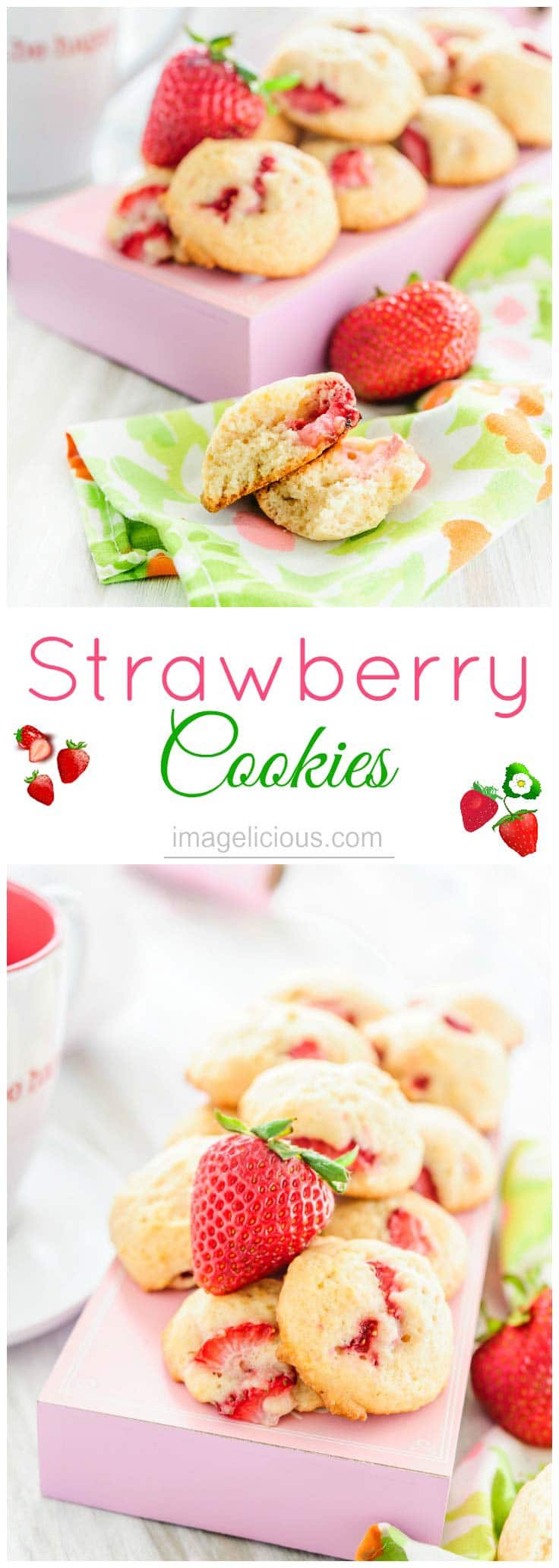 These Strawberry Cookies are very soft and have cake-like texture with little morsels of fruit, like little strawberry filled clouds or pillows. Absolutely perfect way to enjoy strawberries this summer | Imagelicious
