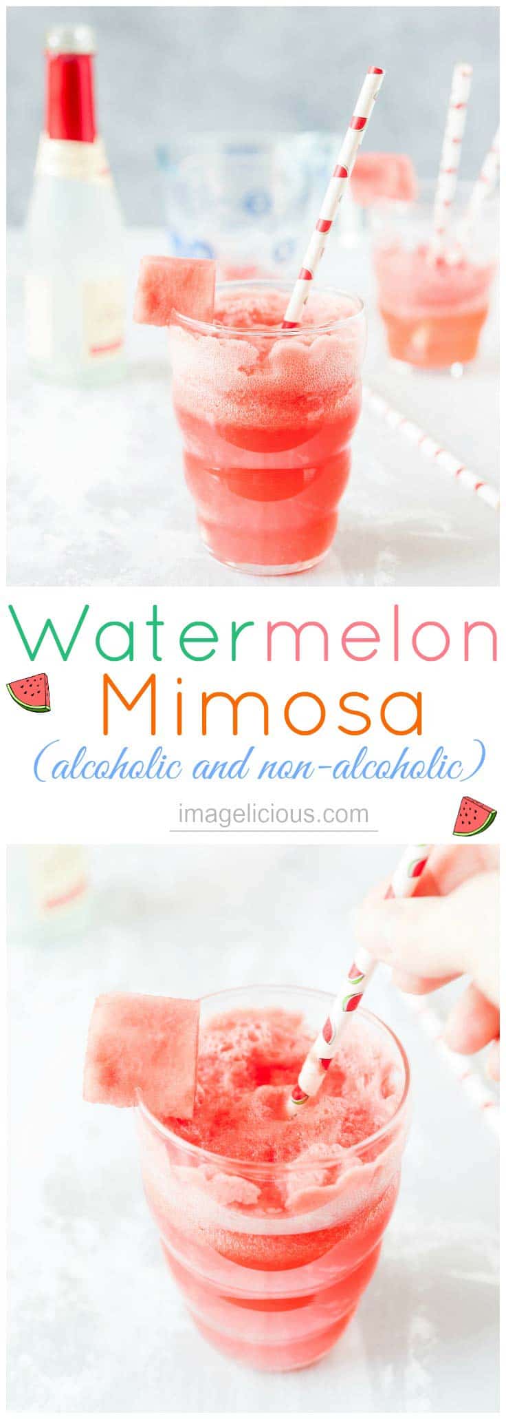 Refreshing Watermelon Mimosa is a perfect summer cocktail made with fresh sweet watermelon juice and sparkling wine (alcoholic or non-alcoholic). It's great to sip on a patio or have for brunch | Imagelicious