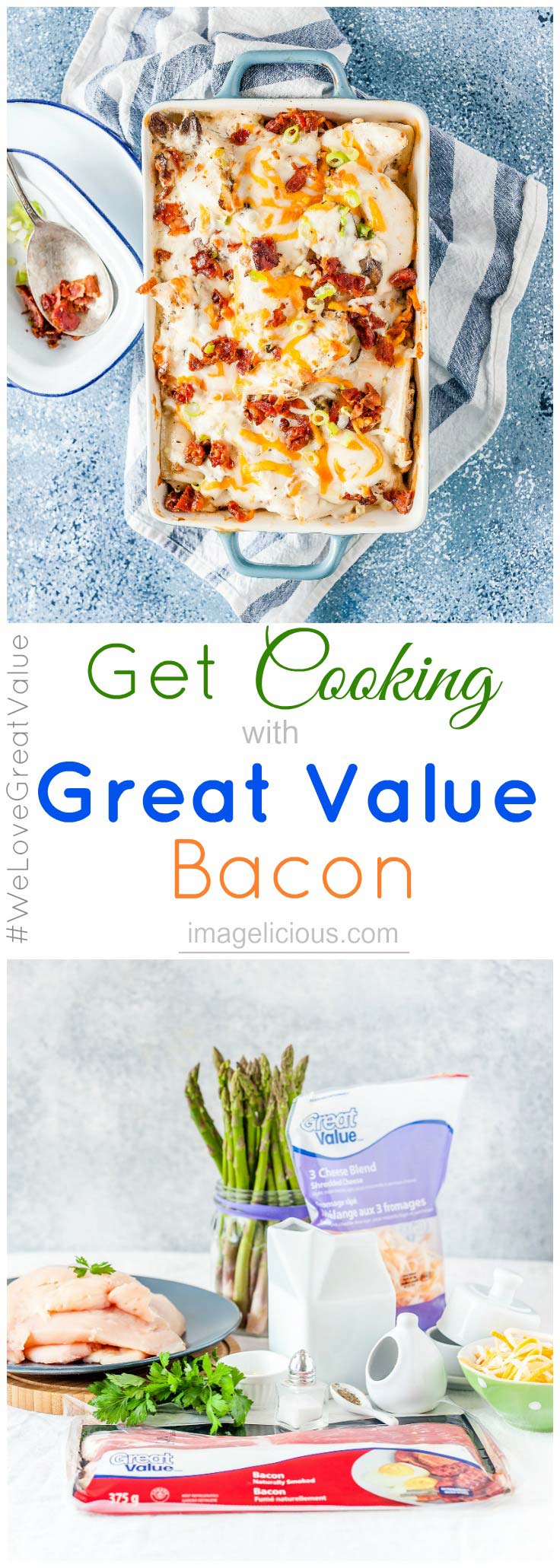 Everything is better with bacon, specially Great Value Bacon! Add bacon and a few asparagus spears to a humble chicken breast and you get a delicious, elegant, and really easy Bacon-Wrapped Chicken - perfect for a weeknight meal or a fancy weekend dinner. Crumble some crispy bacon over cheesy and creamy Perogie Casserole for an ultra satisfying and cozy supper | #WeLoveGreatValue #Ad | Imagelicious