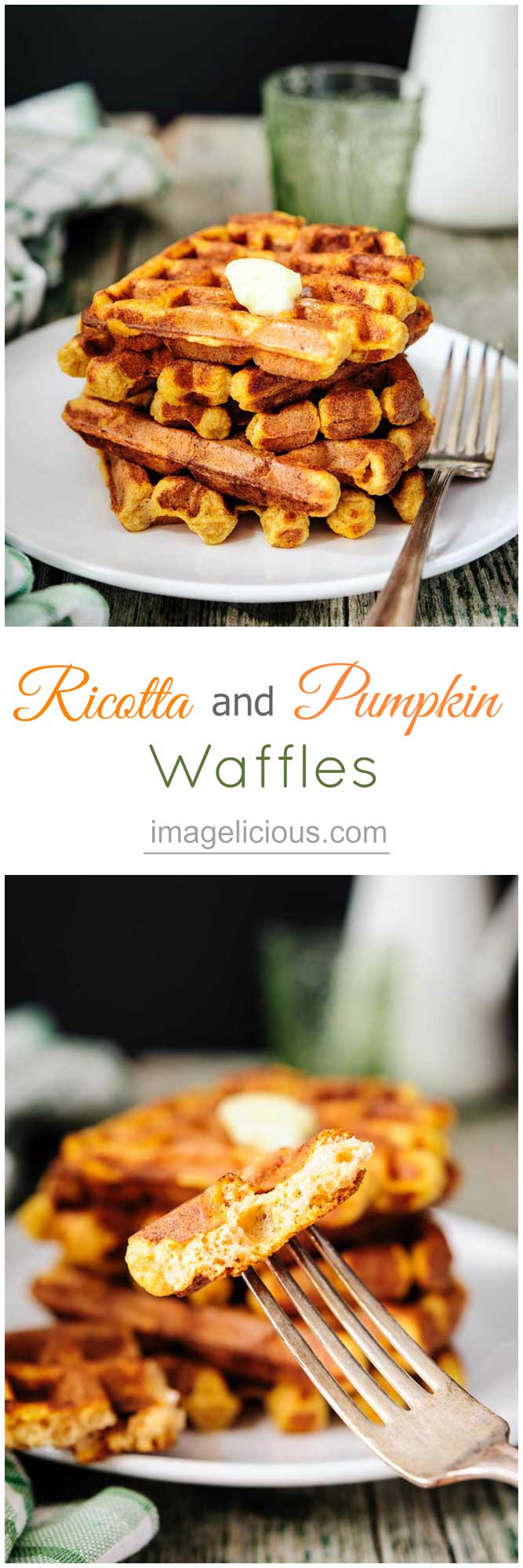 Ricotta and Pumpkin Waffles are perfect for brunch in the fall. Pumpkin melts into the batter and ricotta gives the pancakes a slightly tangy flavour. Crisp edges provide a jarring contrast to the soft and airy middle. Cinnamon, ginger, vanilla, and cloves make the waffles comforting and familiar | Imagelicious