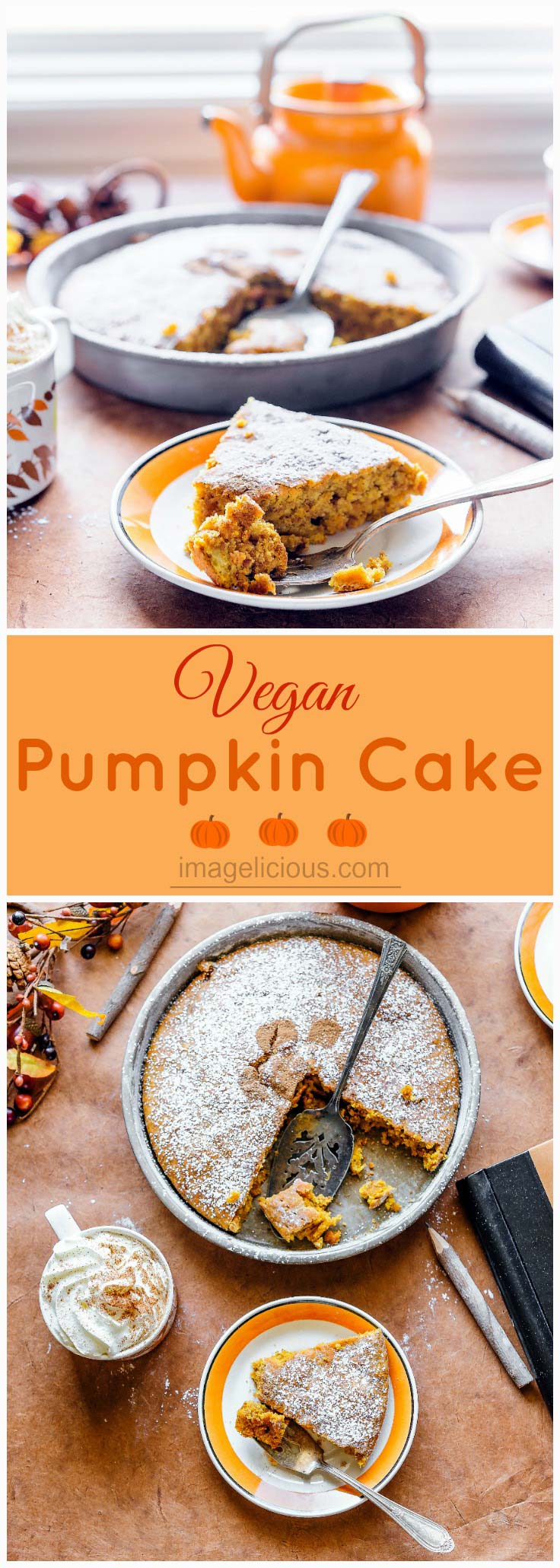Vegan Pumpkin Cake is the ultimate fall comfort dessert! It's moist and spiced! Perfect with a cup of coffee or tea for breakfast or autumn afternoon snack. Enjoy this cozy dessert and you won't miss any butter or eggs in this recipe. It's so easy, you only need one bowl and one spoon to make this cake | Imagelicious