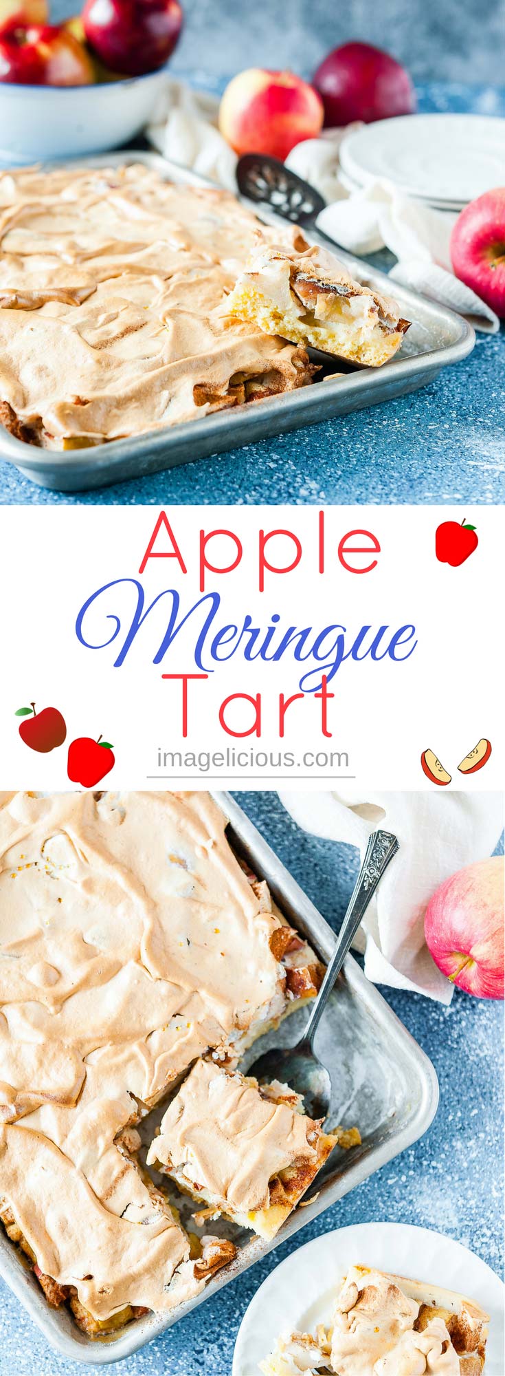 This Apple Meringue Tart is a gorgeous and delicious dessert at any time of the year. It looks beautiful and tastes festive and elegant. With a touch of cinnamon and soft and pillowy meringue topping | Imagelicious #Apples #AppleBaking #Meringues #Tarts #Dessert #OnAppleADay