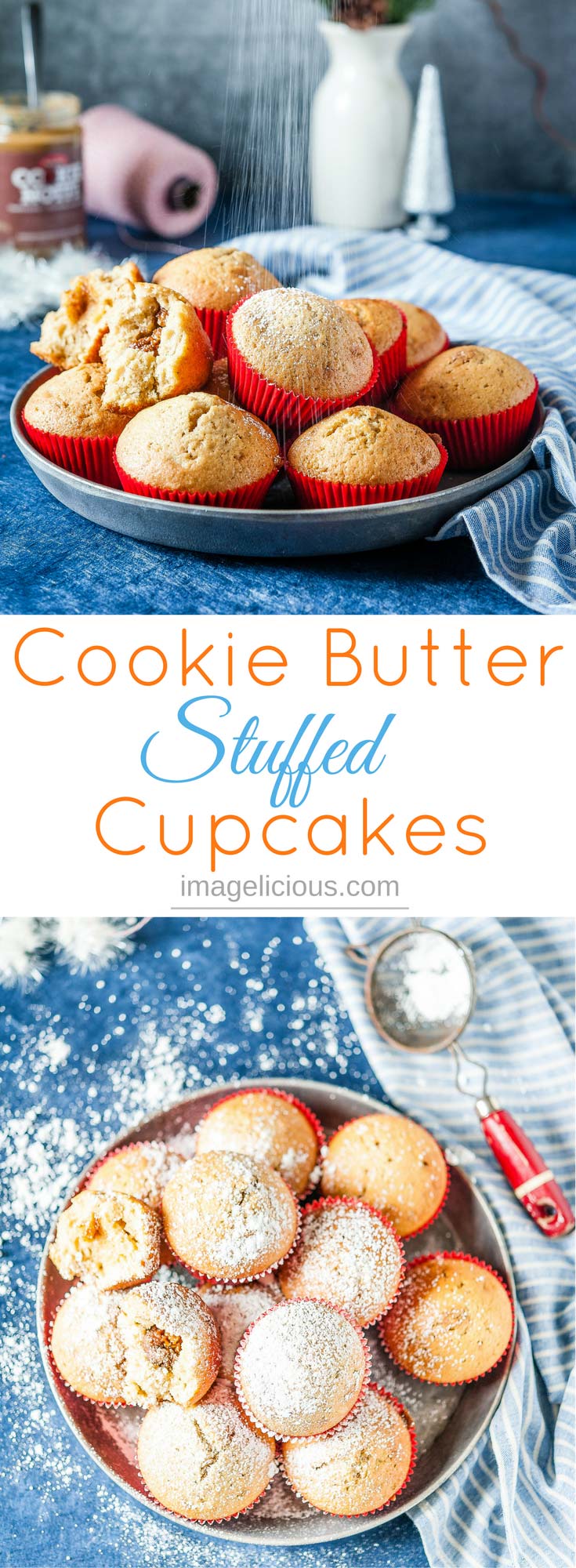 These Cookie Butter Stuffed Cupcakes are soft, fluffy, spicy, and delicious. Filled with delicious cookie butter, they are a perfect treat during Christmas Holidays | Imagelicious #CookieButter #Cupcakes #Desserts #ChristmasBaking #Speculaas