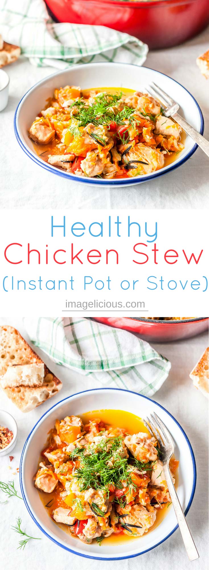 Healthy Chicken Stew is delicious and easy to make. It has only 5 ingredients and is loaded with vegetables. Made on the stove top or in Instant Pot, it's a perfect meal to serve over rice, quinoa, or noodles | imagelicious.com #instantpot #chicken #stew #healthy #glutenfree #pressurecooker