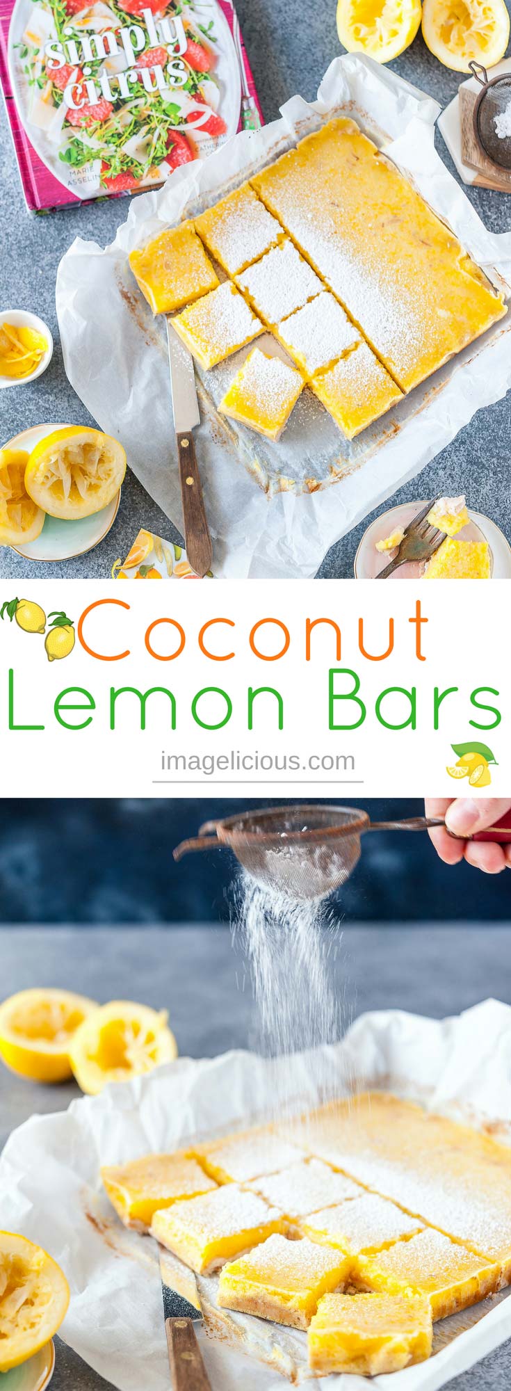 These Coconut Lemon Bars are sweet and tangy with a hint of tropical coconut. They are easy to make without as the lemon curd does not need to be cooked in advance. They look gorgeous and are a perfect addition to a cookie platter | imagelicious.com #SimplyCitrus #lemon #lemonbars #lemonsquares #coconut #dessert