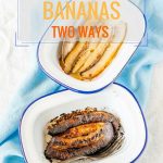 These Roasted Bananas are sweet, luscious, and deliciously sticky. Only two ingredients with a vegan option. Perfect to eat as a snack in the afternoon or with some yogurt in the morning. Made two different ways, you get to choose if you like your Roasted Bananas soft and creamy, or leathery and chewy | imagelicious.com #roastedbananas #bananas #oven #2ingredients #dessert #healthy #vegan