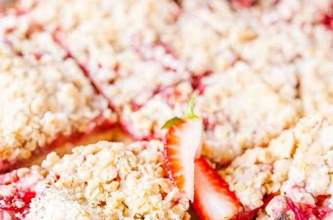 Photo of a tray filled with Strawberry Rhubarb Bars