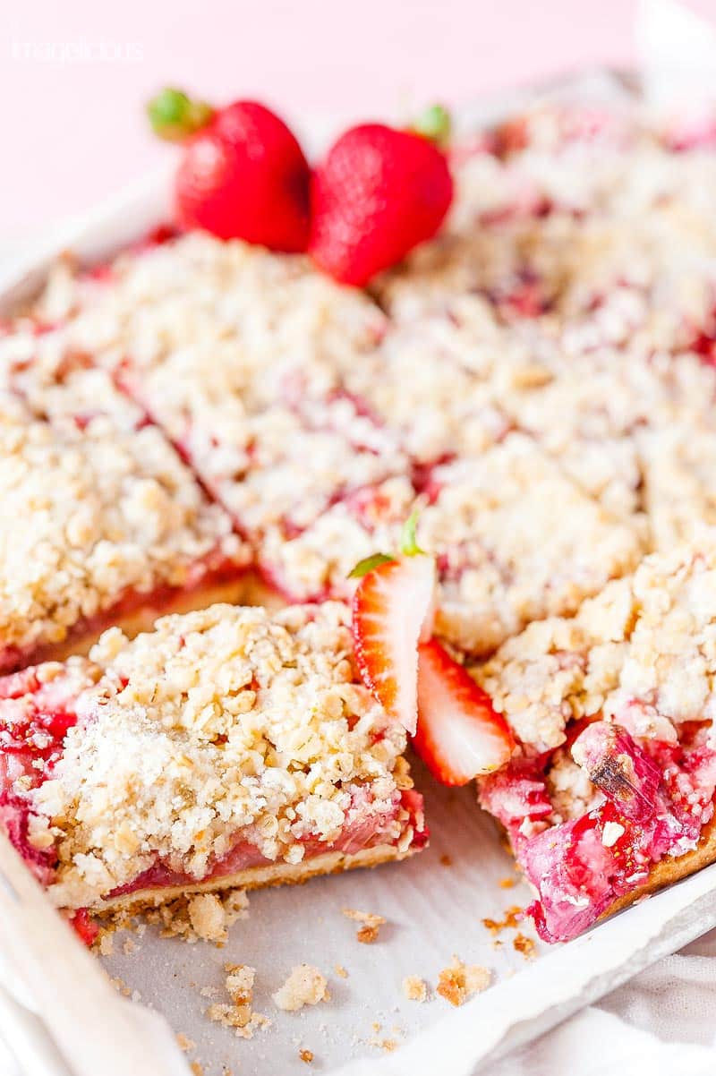 Photo of a tray filled with Strawberry Rhubarb Bars