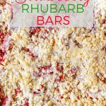 These Strawberry Rhubarb Bars are sturdy yet delicate. With soft cake-like layer at the bottom and a light oats crisp on the top. Sweet and sour. Summery and bright. Perfect dessert to celebrate summer | imagelicious.com #strawberries #rhubarb #strawberryrhubarb #summer #dessert #strawberry #crisp