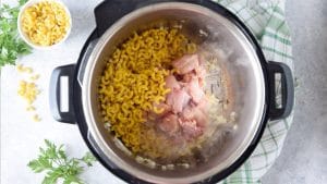 Process shot: Top down view of Instant Pot with dry pasta and chicken in it