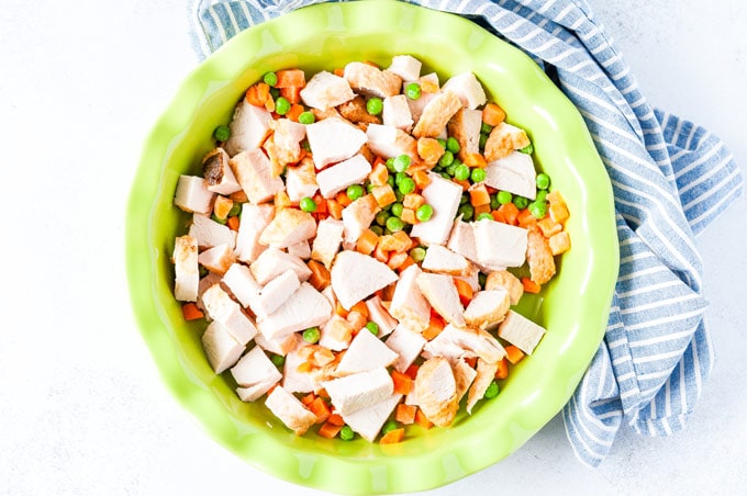 Closeup of a pie plate filled with turkey and peas and carrots