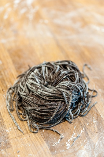 A nest of homemade chocolate pasta