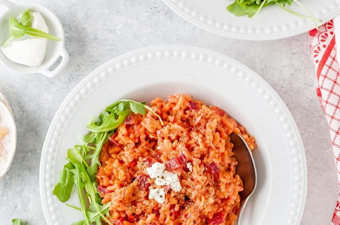 Photo of two bowls with Instant Pot Beet Risotto