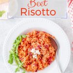 Instant Pot Beet Risotto is made in under 30 minutes. It's rich, creamy, and delicious. Tangy and salty goat cheese pairs beautifully with sweet and earthy beets. Great meal for Valentine's Day | imagelicious.com #instantpot #risotto #beets #valentinesday