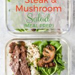 This Steak and Mushroom Salad is filling, satisfying, yet healthy. Great texture and explosion of flavours. Perfect for meal prep! Check out my tips on what to do with leftovers | imagelicious.com #mealprep #steak #salad #mushrooms