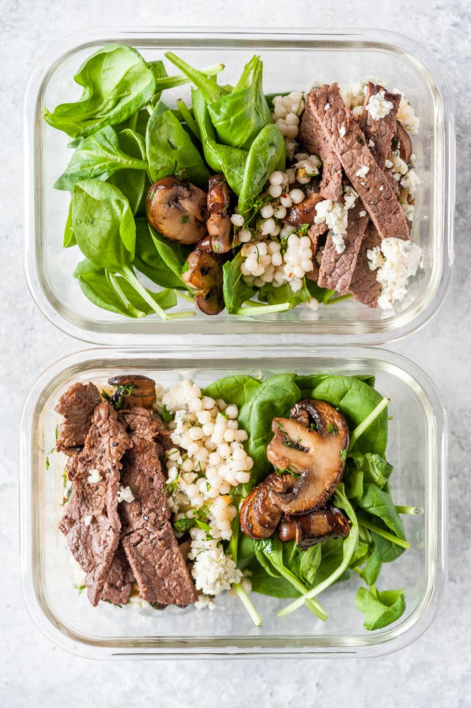 Two Steak and Mushroom Salad meal prep containers